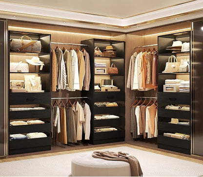 Aheaplus Closet System with 12 Drawers, 8.5-11.5Ft Wood Closet Organizer System with 4 Hanging Rods & 3 Towers, 4Ft & 6Ft L-Shaped Walk-in Closets Wardrobe Organizer Clothes Rack, Set of 3, Black1