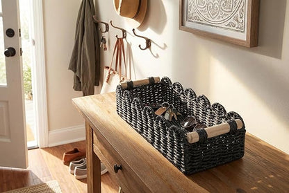 Black Paper Rope Scalloped Basket with Wooden Handles, Modern Bathroom Counter Organizer Basket for Vanity, Toilet Tank Top, Shelves & Coffee Table – 14" x 6.3" x 3.9"