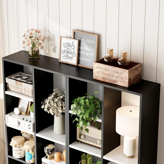 FOTOSOK 2Pcs 71'' Tall Narrow Bookshelf with 14 Cubes, 7 Tier Double Wide Bookshelf with 6 Adjustable Shelves, 19.6" Narrow DVD/CD Media Storage Shelf, Space Saving Display Shelf Cabinet, White/Black