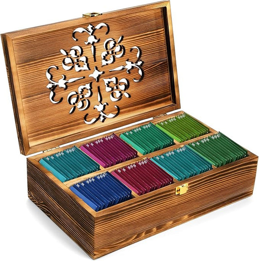 Coloch Wooden Tea Bag Storage Box with Carved Lid, 8-Compartment Tea Chest Organizer Spice Packets Container for Living Room, Kitchen, Office, Home Decor