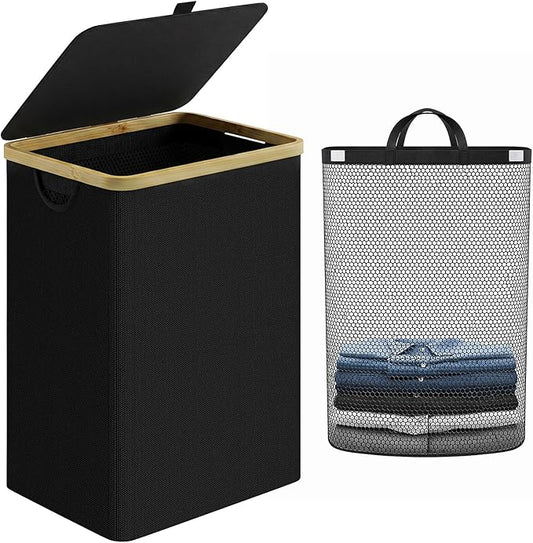 iEGrow Laundry Hamper with Lid, 85L Large Laundry Basket with Handle, Collapsible Clothes Basket Organizer with Removable Inner Bag for Clothes Towels - Black