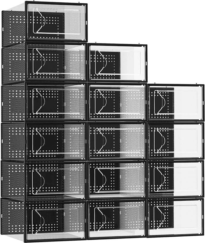 Foluck 15 Pack Shoe Storage Organizer Box Container Clear Plastic Stackable | Interlocking Design, Sturdy Dustproof Breathable, Fits Men's Size 9 Women's Size 10, for Closet Entryway Under Bed