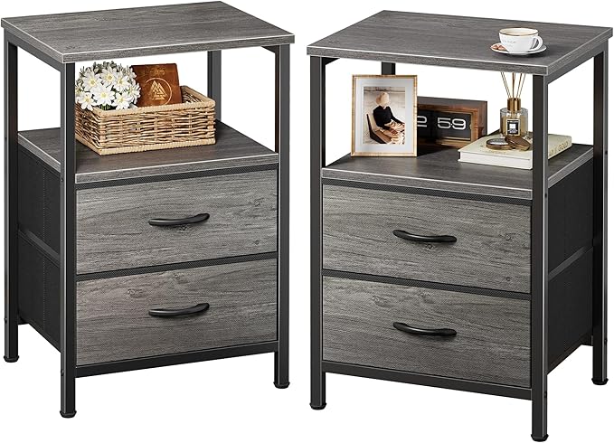 Huuger Night Stand Set of 2, Nightstand with 2 Drawers, Bed Side Table with Open Shelf, Wooden Top, End Table, Fabric Drawer, for Bedroom, Gery