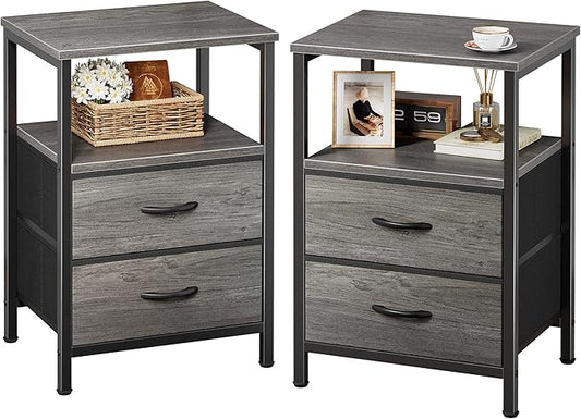 Huuger Night Stand Set of 2, Nightstand with 2 Drawers, Bed Side Table with Open Shelf, Wooden Top, End Table, Fabric Drawer, for Bedroom, Gery