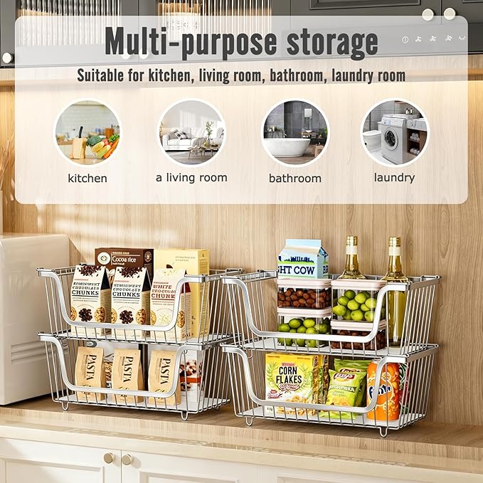 GAOKASE 4 Pcs Stackable Wire Baskets for Pantry Organizers and Storage,Vegetable Fruit Basket for Countertop,Kitchen Storage Metal Baskets,Produce Potato Onion Storage Bin,silver