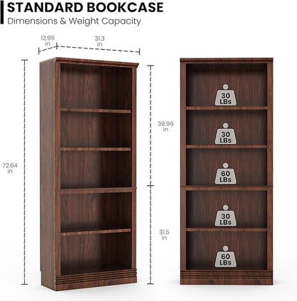 72 in Tall Bookcase, 31.3 in Wide Floor Standing Bookshelf, Open Storage 5-Shelf Bookshelves, Dark Cherry Large Indoor Furniture for Home Office School Library Living Room Bedroom