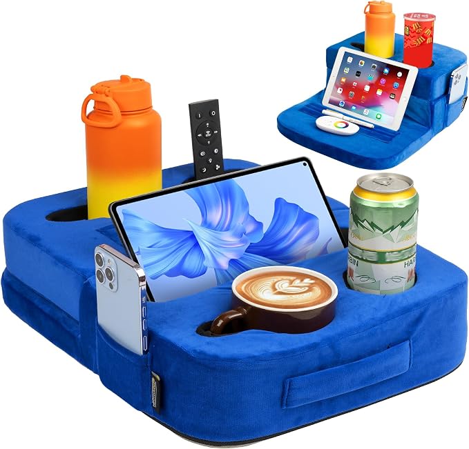 TabCouchCaddy - Couch Cup Holder Tray Pillow - Bed, Couch Caddy, Sofa, RV & Car - Holds Drinks, Snacks, Remotes, Phones, Kindle, Tablet | Bed Cup Holder (Blue)