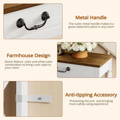 IRONCK Farmhouse Console Table, Sofa Table with Drawer, Narrow Long Entry Table with 2 Shelf for Entryway, Living Room, Hallway, White/Walnut