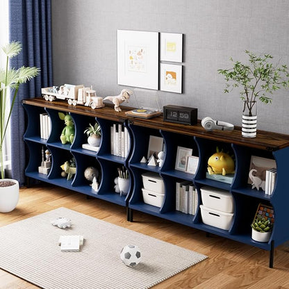 8 Cube Book Shelf, Low and Short Bookshelf, Long Cube Storage Organizer Wood TV Stand, Toy Organization DVD Cabinets for Living Room, Office, Bedroom, Dorm, Blue with Natural Top