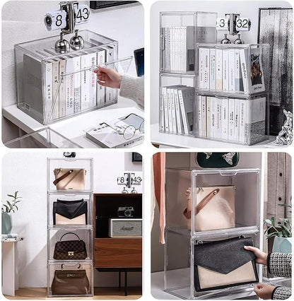 Clear Stackable Plastic Storage Bins with Magnetic Lid, Dustproof Book & Cosmetic Acrylic Display Cases, Large Figures Collectibles Showcase, Shoe Box, Protection Organizer (L, Count, 3)
