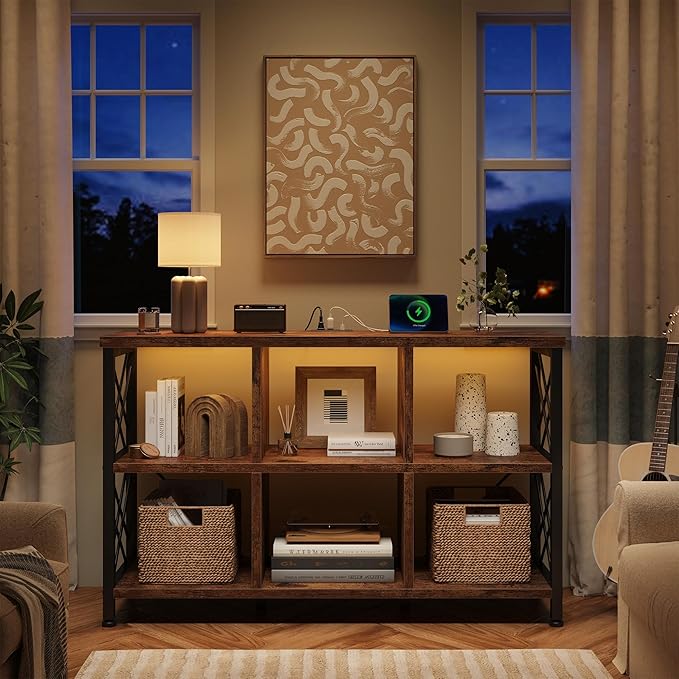 6 Cube Storage Organizer with LED Light and Charging Station, Wood and Metal Cube Shelf, Long Horizontal Book Shelf for Bedroom, Home Office,Rustic Brown