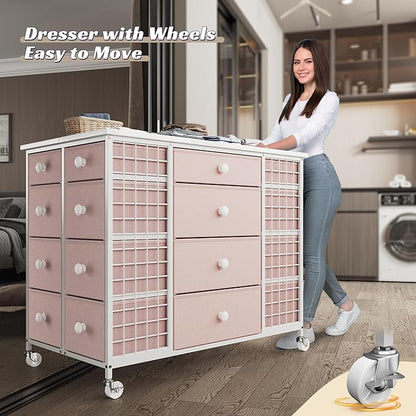EnHomee 24 Drawers Dresser for Bedroom, Dressers & Chests of Drawers with 4 Wheels and 40“ * 23” Wide Wooden Top, Metal Frame, Organizer Island with Hooks for Bedroom, Cloakroom, Dressing Room, Pink
