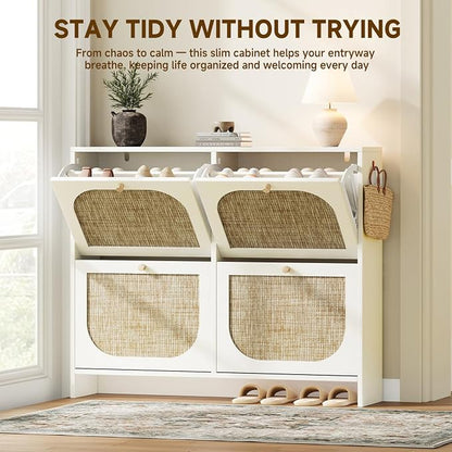 Nicetree Shoe Storage Cabinet for Entryway, 9.5" Ultra Slim White Hidden Shoe Rack with 4 Flip Drawers, Boho Teslin Woven Shoe Organizer for Men's Size 13.5 Boots