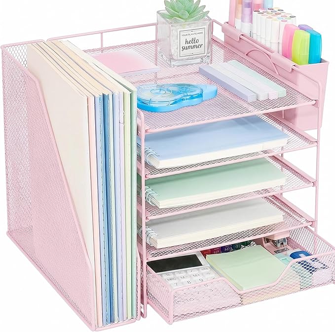 Desk Organizers and Accessories, 5-Tier Paper Letter Tray Organizer with File Holder, Drawer & Pen Holder, Office Desk Accessories, Desktop Organizer for Classroom Office Supplies, Pink