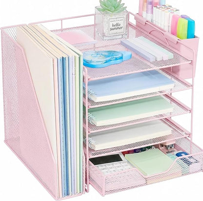 Desk Organizers and Accessories, 5-Tier Paper Letter Tray Organizer with File Holder, Drawer & Pen Holder, Office Desk Accessories, Desktop Organizer for Classroom Office Supplies, Pink