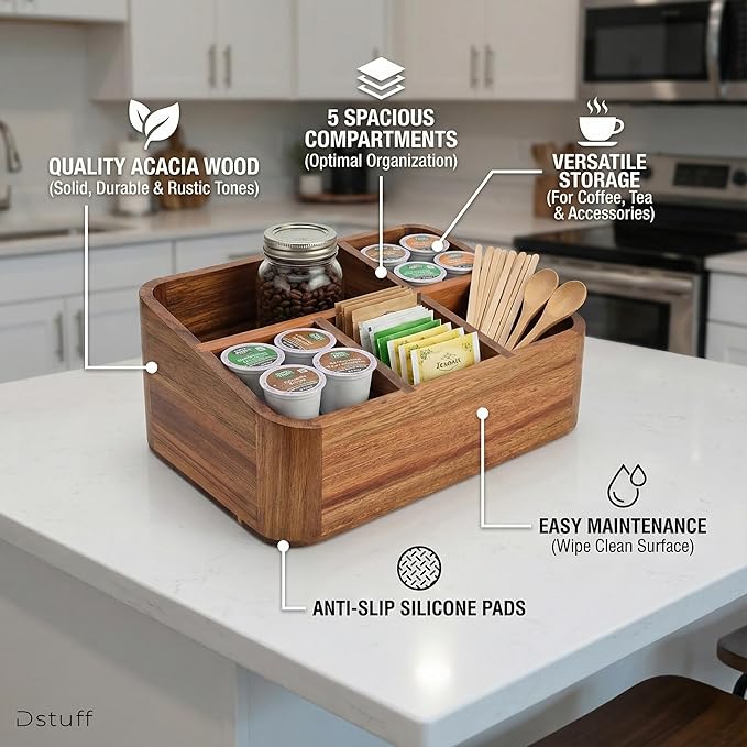 Dstuff Acacia Wood Coffee Station Organizer for Countertop, Tea Organizer and Holder, Coffee Bar Caddy with Multiple Compartments for Home and Office Decor