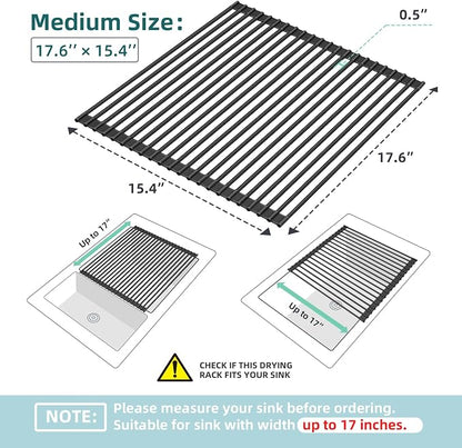 Ohuhu Over The Sink Dish Drainer Drying Rack, 17.6" W x 15.4" L Roll Up Dish Racks Kitchen Sink Organizer Silicone Wrapped Large in Sink Dish Drying Rack Foldable Rolling Drain Mats Anti-Slip