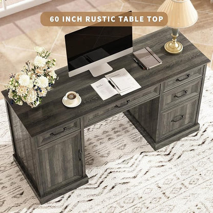 CARPETNAL 58'' Farmhouse Executive Desk with Drawers, Home Office Desk with File Drawer and Storage Cabinet, Rustic Computer Desk for Working, Studying, Writing, Grey