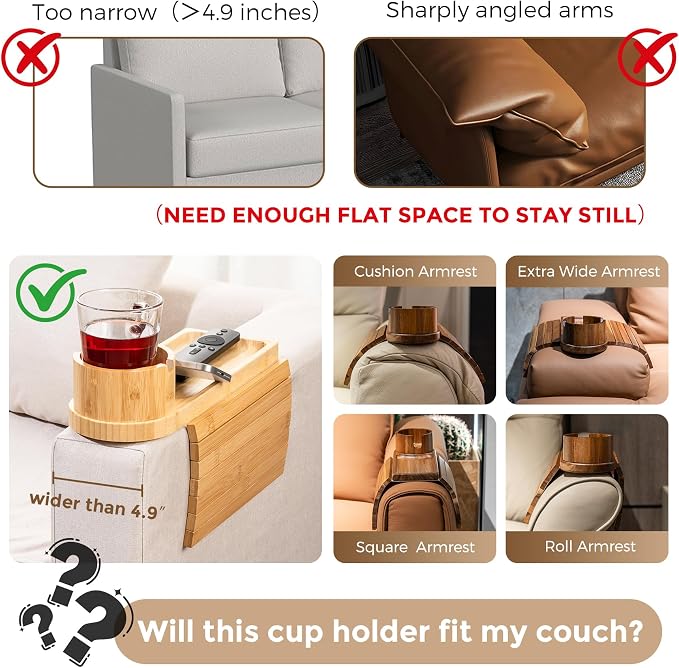 Couch Cup Holder Tray for Armrests Over 4.9" Wide, Bamboo Couch Arm Tray with 360° Rotating Phone Stand, 3 in 1 Foldable Sofa Arm Tray Table for Remote, Snacks, Phone, Drinks Natural