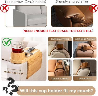 Couch Cup Holder Tray for Armrests Over 4.9" Wide, Bamboo Couch Arm Tray with 360° Rotating Phone Stand, 3 in 1 Foldable Sofa Arm Tray Table for Remote, Snacks, Phone, Drinks Natural