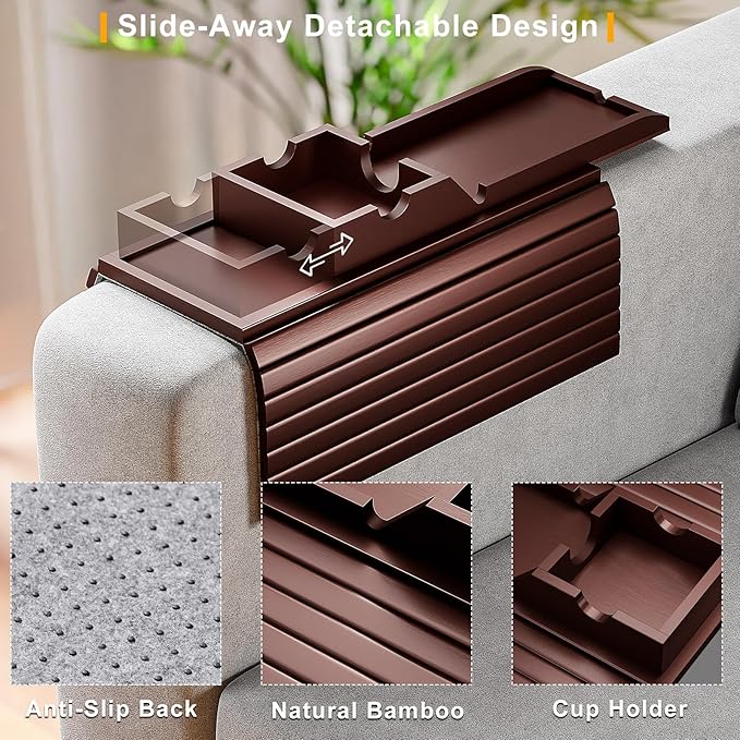 Bestjing Bamboo Couch Armrest Table, Sofa Arm Tray with Detachable Couch Cup Holder- 2 in 1 Anti-Slip Foldable Sofa Armchair Caddy Table for Drinks Cellphone TV Remote Snacks (Walnut)