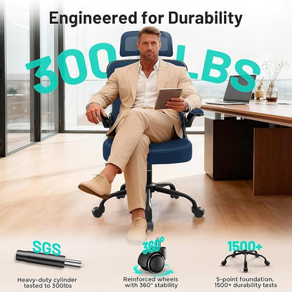 Office Chair - Ergonomic Desk Chair Breathable Mesh Chair with 2D Headrest & Adjustable Lumbar Support - Executive High Back Rolling Swivel Computer Gaming Chair with Wheels Flip-up Armrests