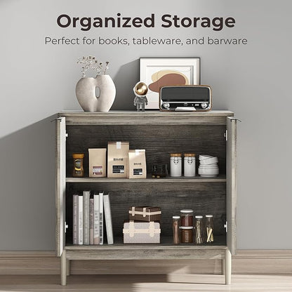Fluted Cabinet with Storage, Buffet Cabinet Sideborad with 2 Doors, Grey Buffet Storage Accent Cabinets with Adjustable Shelves for Living Room, Entry, Hallway, Kitchen
