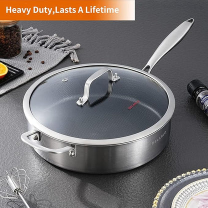 DELARLO Frying Pan,12 inch Tri-Ply Stainless Steel Skillet,6 Quart Saute Pan with lid, Compatible with All Cooktops,Oven Up to 660℉,Chicken Fryer,Dishwasher-Friendly