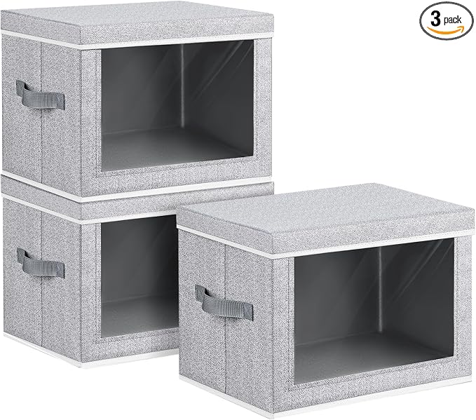 Homsorout Storage Bins with Lids, 3 Pack Large Storage Cubes with Window, Closet Bins with Lids & Handles, Fabric Box for Organizing Clothes, Towels, Books, Blended