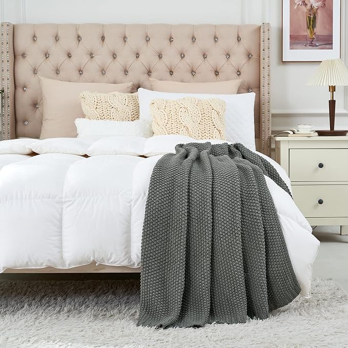 Longhui bedding Chunky Cable Knit Throw Blanket Lightweight Grey 100% Organic Cotton Blanket for Sofa Couch Bed Baby Nursery, Rustic Shabby Chic Modern Farmhouse, Gray 51” x 63” Give Laundering Bag