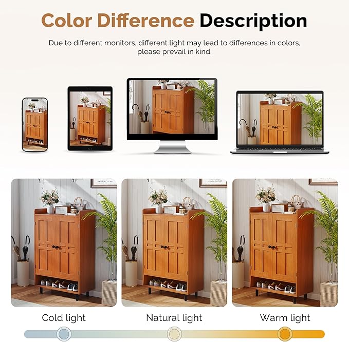 Farmhouse Shoe Cabinet with Doors, 6-Tier Wooden Shoe Organizer with Adjustable Shelves, Entryway Storage Cabinet with Metal Legs, Rustic Shoe Storage for Entryway or Living Room (Walnut)