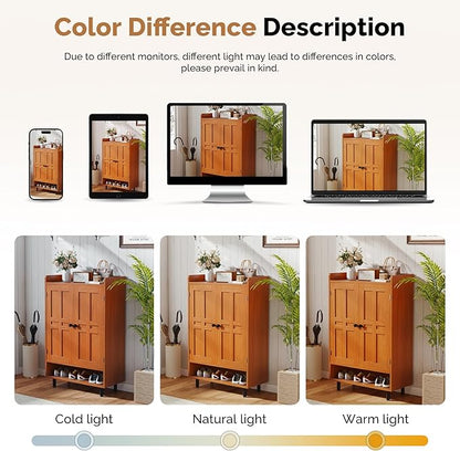 Farmhouse Shoe Cabinet with Doors, 6-Tier Wooden Shoe Organizer with Adjustable Shelves, Entryway Storage Cabinet with Metal Legs, Rustic Shoe Storage for Entryway or Living Room (Walnut)