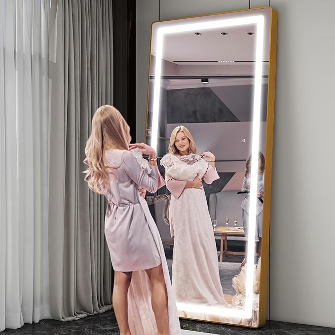 FENNIO Full Length Mirror with Lights, 80" x 36" LED Full Body Mirror, Wall Mounted Hanging Mirror with Lights for Bedroom, Salon, Dimmable & 3 Color Lighting, Tempered Glass