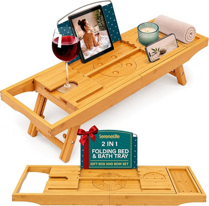 SereneLife 2 in 1 Bed and Bath Tray - Foldable Bamboo Bathtub Caddy with Adjustable Length, Non-Slip, Device Holder, Wine Glass Slot, Expandable for Comfortable Bathing, Natural, 2in1, Folding Set