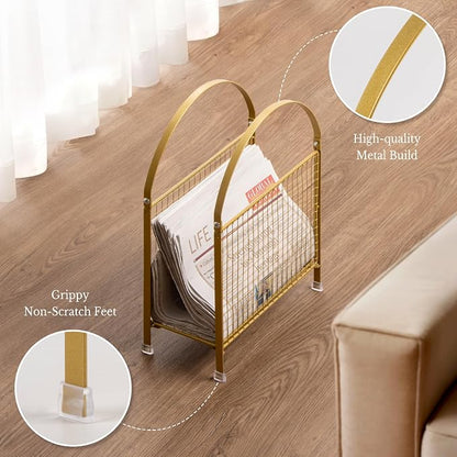PUERSI Freestanding Magazine Holder – Modern Touch Handbag Design, Magazine Organizer Metal Rack for Books, Vinyl Record, Newspaper (Gold)