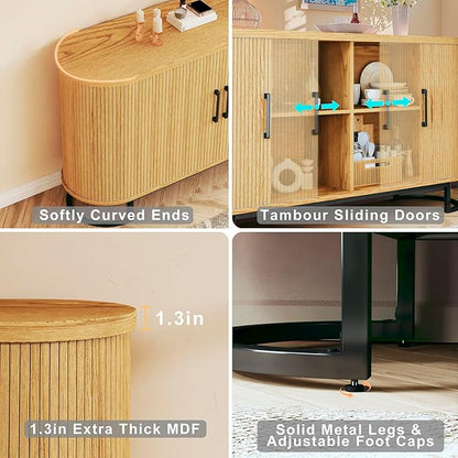 54.3" Sideboard Buffet Cabinet with Storage, Buffet Cabinet with Sliding Door & Adjustable Shelf, Modern Sideboard Cabinets for Kitchen, Living Room, Entryway, Oak