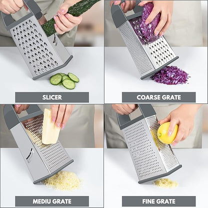 Urbanstrive Cheese Grater With Container, Professional Cheese Grater with Handle, Stainless Steel Graters for Kitchen Handheld, Box Grater with 4 Sides for Vegetables, Ginger, Potatoes (Grey)