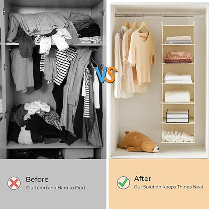 MAX Houser 6 Tier Shelf Hanging Closet Organizer, Cloth Hanging Shelf with 2 Sturdy Hooks for Storage, Foldable (Beige)