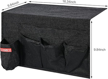 Zafit Linen 5 Pockets Bedside Caddy, Bedside Storage Organizer with Water Bottle Holder for Magazine, Remotes, Phone (Black)