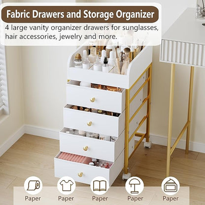 Rolling Makeup Organizer Cart - Under Desk Vanity Cart with 4 Fabric Drawers, Makeup Bathroom Storage Cart Cosmetic Display Cases for Nail Polish Brush Hair Tool