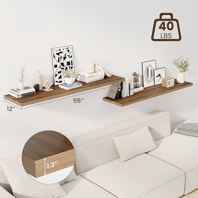 Dreamland 55" Floating Shelves for Wall, 12" Deep Slim Walnut Floating Shelves, Wall-Mounted Shelves for Bedroom, Living Room, Kitchen, Bathroom - Set of 2