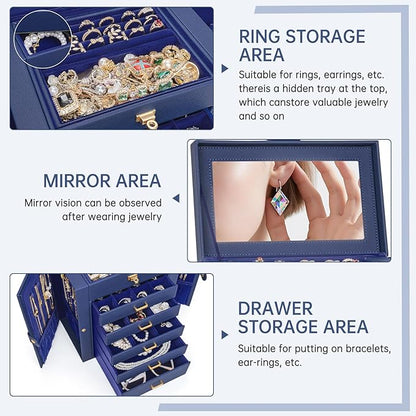 AKOZLIN 6-Tier Jewelry Box Organizer Functional 5 Drawers Leather Jewelry Storage Case for Women Girls Ring Necklace Earring Bracelet Holder Organizer with Mirror Blue