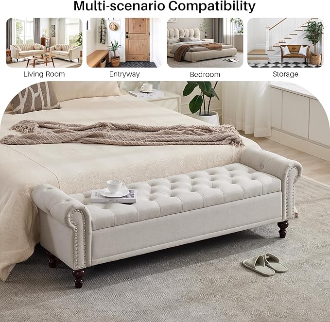 Storage Bench for Bedroom, 67" End of Bed Storage Bench King Size, Upholstered Linen Storage Ottoman with Tufted Cushioned Rolled Arm Large Storage Space for Living Room Entryway, Beige