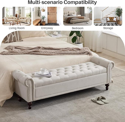 Storage Bench for Bedroom, 67" End of Bed Storage Bench King Size, Upholstered Linen Storage Ottoman with Tufted Cushioned Rolled Arm Large Storage Space for Living Room Entryway, Beige