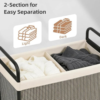 STORAGE MANIAC Rolling Laundry Hamper with Wheels 2-Section Laundry Sorter Rolling Laundrys Basket on Wheels with Removable Bag Clothes Hamper Laundrys Organizer Cart Bathroom Bedroom 100L Beige