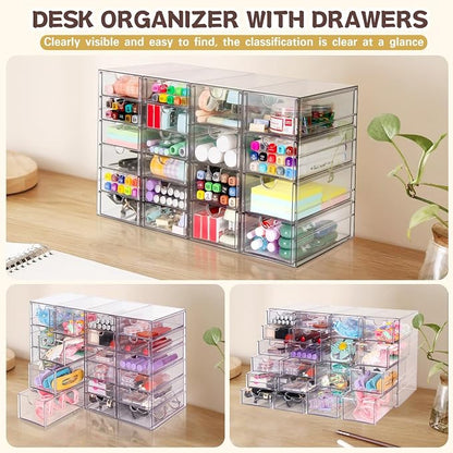 VZKAH Acrylic Organizer with Drawers | 20 Drawers 4 Sets | Desk Organizer and Storage, Clear Makeup Organization, For Office/Art Supply/Craft Storage and Organization