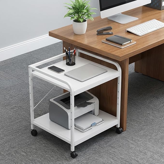 Garvee Under Desk Printer Stand, 2 Tier Printer Stand with Height Adjustable Storage Shelf, 20" Deep Large Rolling Printer Cart with Wheels for Home Office, White