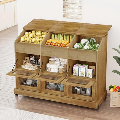 Triple Potato and Onion Storage Bin with Wheels, 3 Tier Wooden Potato Storage Cabinets with Mesh Doors, Farmhouse Movable Fruit and Vegetable Box, Wood Bread Box for Kitchen (Triple Brown)