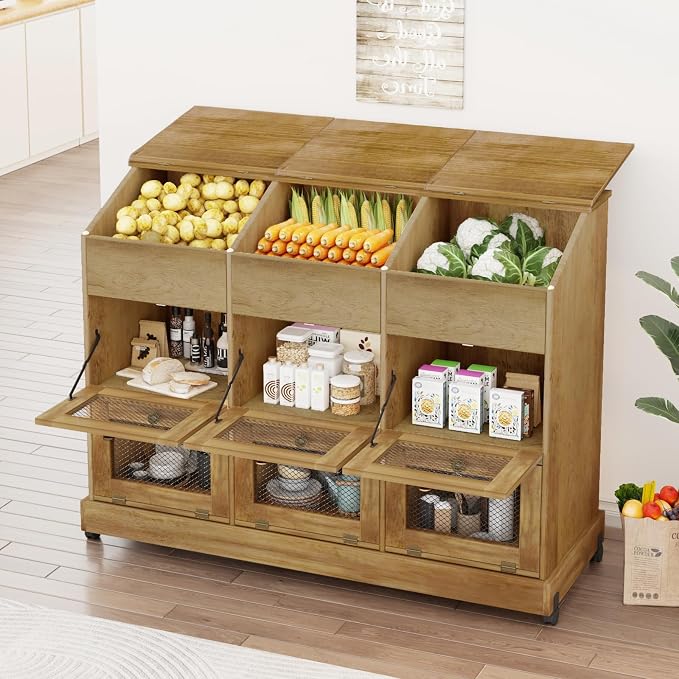 Large Potato Storage Bin, Wooden Bread Bins with Wheel, Onion Storage Bin, Storage Box for Kitchen Pantry, Brown