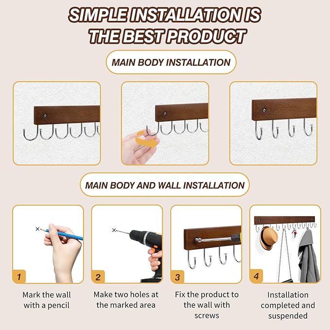 Key Hooks, Key Hooks for Wall Mounted with 12 Hooks, for Entryway, Bathroom, Hallway and Kitchen(Brown Color)(2Pack)